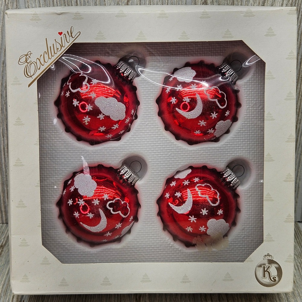 Krebs & Sohn Vintage West Germany Red Glass Celestial Moon Star Ornaments Set 4